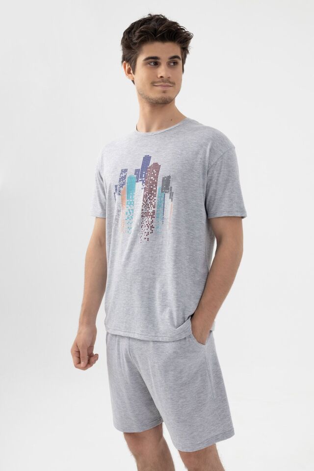 Erkek Gri Melanj Baskılı Şortlu Pijama Takımı KO6305TS-2 Gri Melanj - M