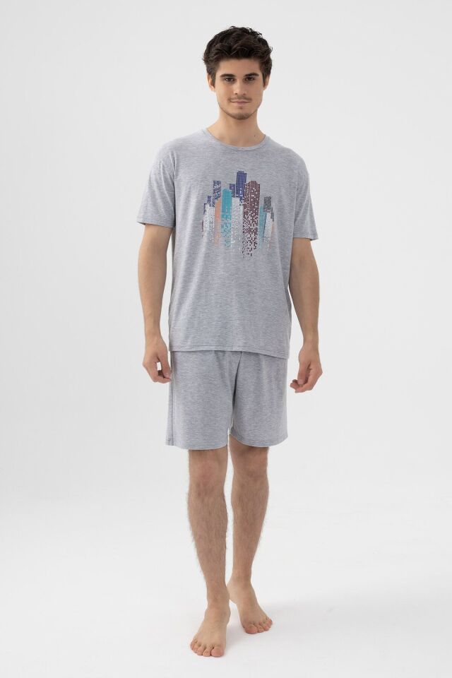 Erkek Gri Melanj Baskılı Şortlu Pijama Takımı KO6305TS-2 Gri Melanj - M