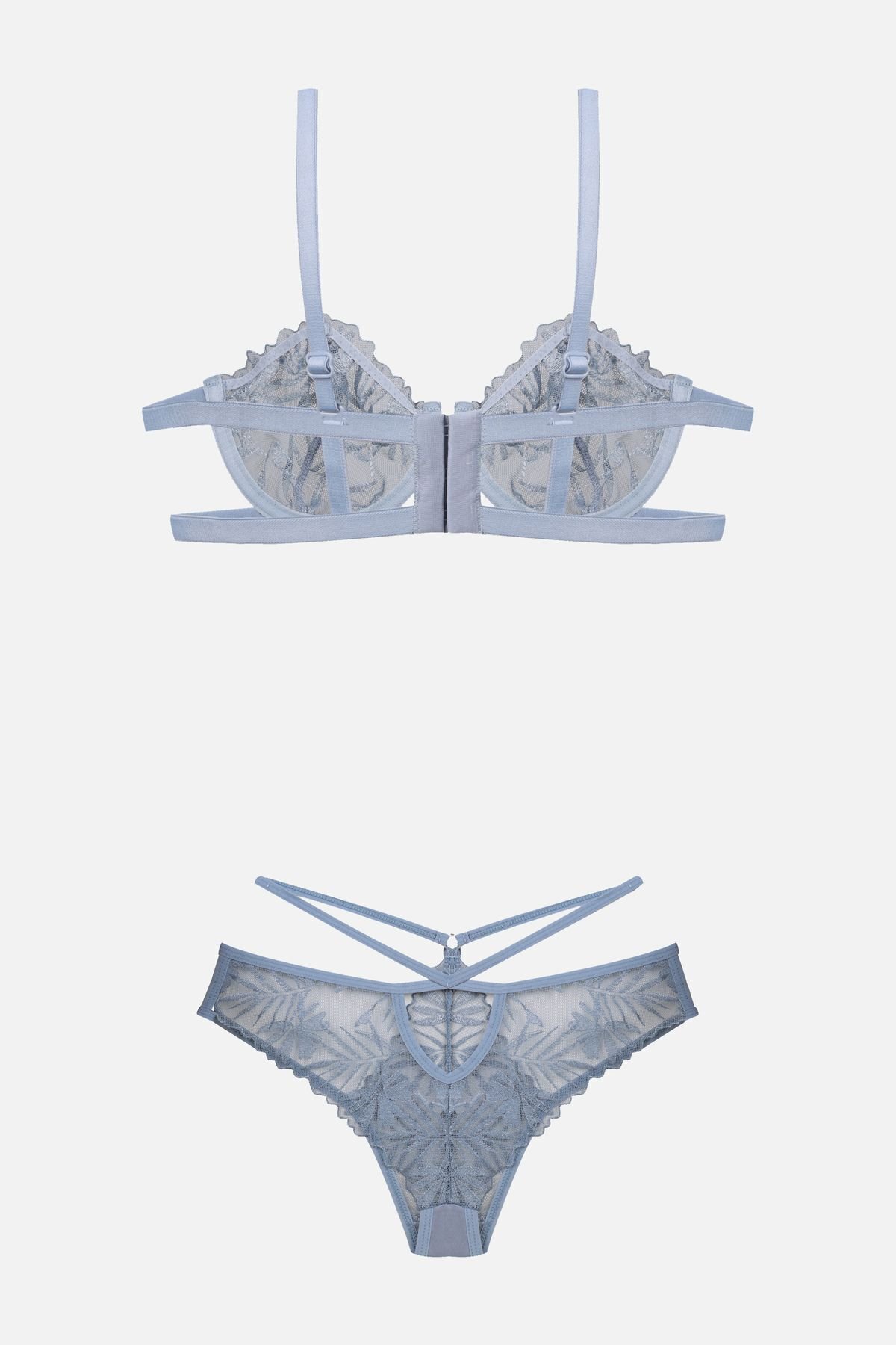 Kadın Brodeli Tüllü Dantelli Sütyen Takım Gök Mavi - 85B