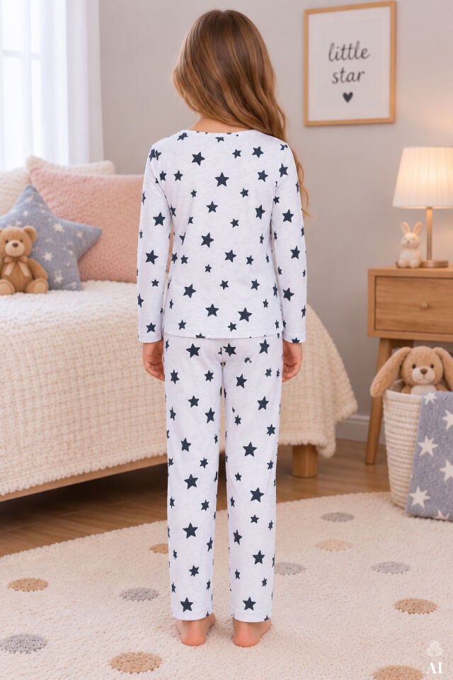 Kız Çocuk Pamuklu Pudra-Gri Melanj Baskılı 4'lü Örme Regular Alt-Üst Pijama Takımı Pudra - Gri - 7-8 Yaş