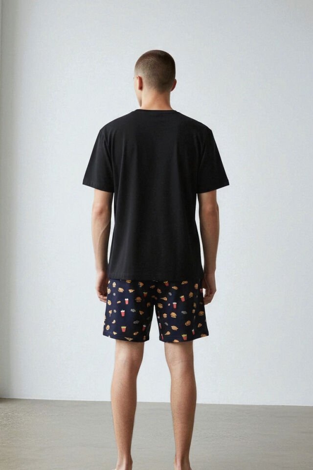 Erkek Pamuklu Baskılı Cepli Şortlu Pijama Takımı Siyah - Kırmızı - S