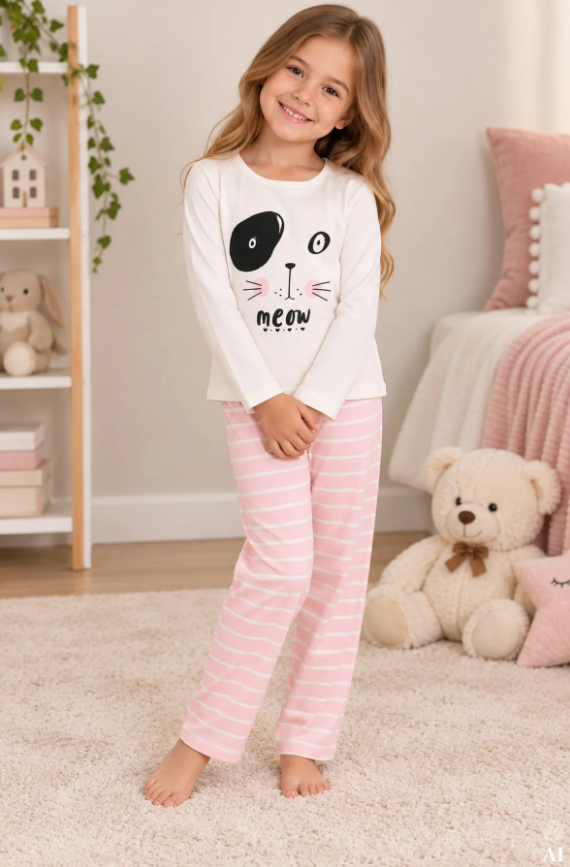 Kız Çocuk Pamuklu Pudra-Gri Melanj Baskılı 4'lü Örme Regular Alt-Üst Pijama Takımı Pudra - Gri - 9-10 Yaş