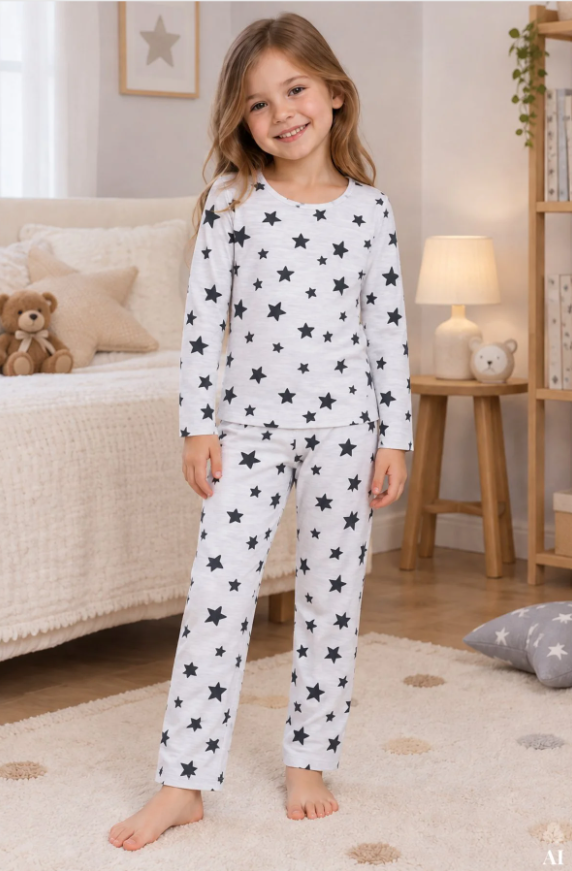 Kız Çocuk Pamuklu Pudra-Gri Melanj Baskılı 4'lü Örme Regular Alt-Üst Pijama Takımı Pudra - Gri - 9-10 Yaş