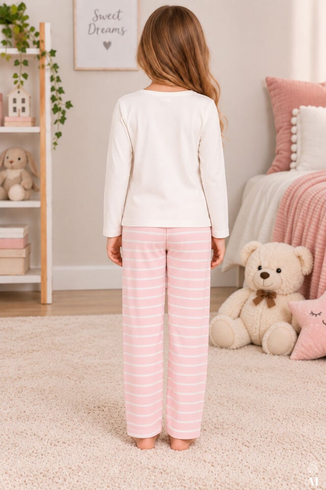 Kız Çocuk Pamuklu Pudra-Gri Melanj Baskılı 4'lü Örme Regular Alt-Üst Pijama Takımı Pudra - Gri - 9-10 Yaş