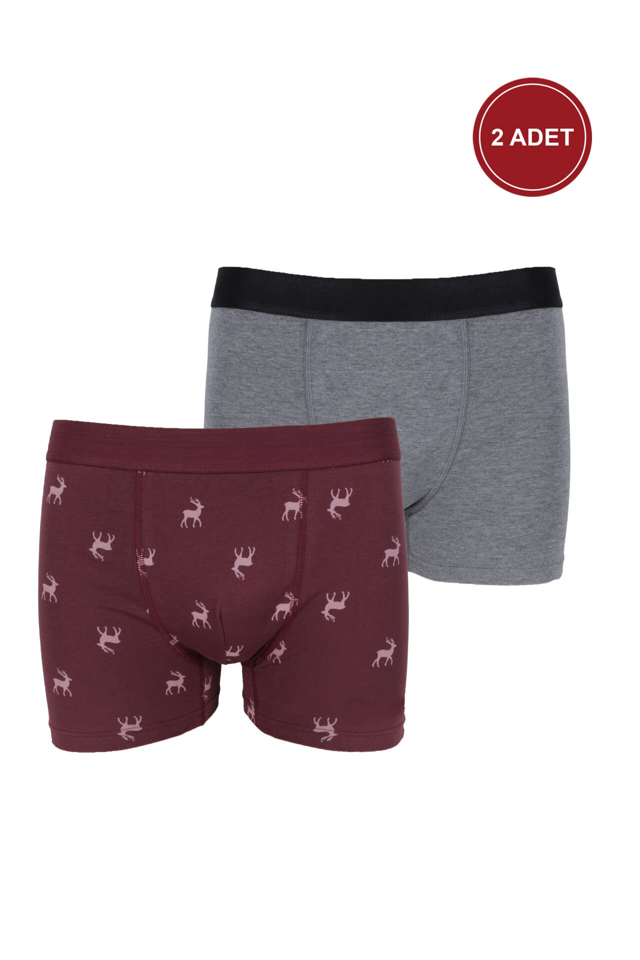 Erkek 2'li Pamuklu Likralı Boxer Gri - Bordo - 3XL