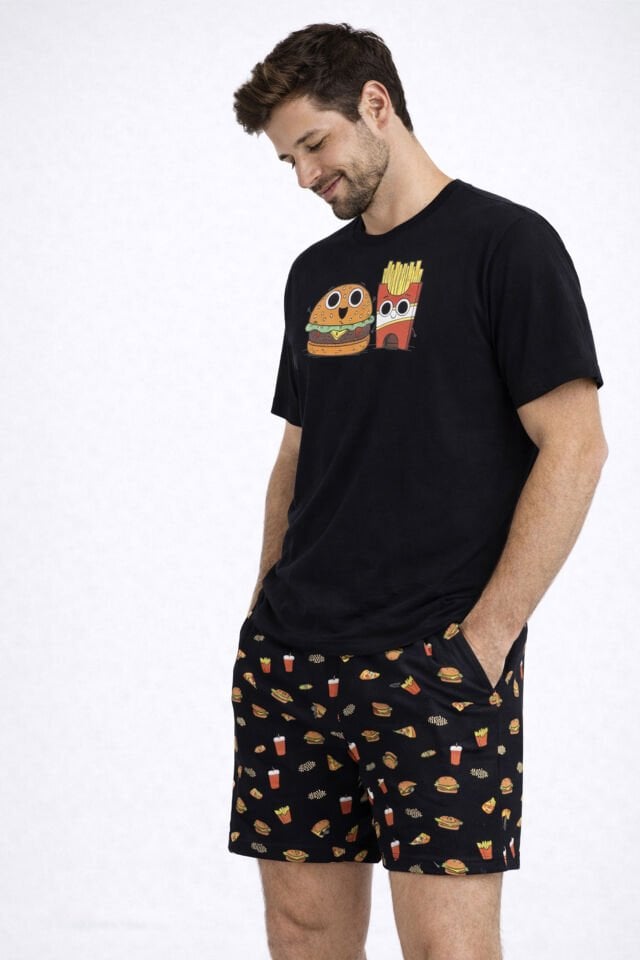 Erkek Pamuklu Baskılı Cepli Şortlu Pijama Takımı Siyah - Kırmızı - M