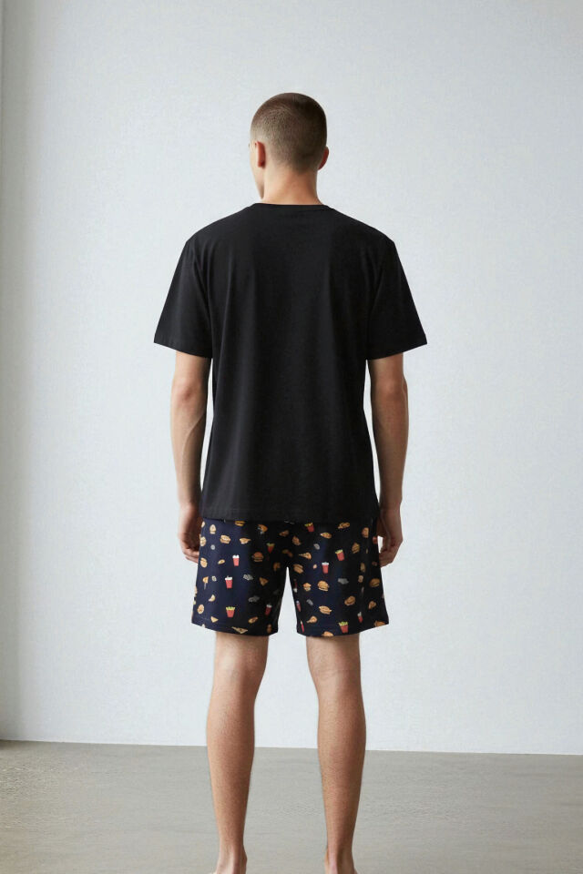 Erkek Pamuklu Baskılı Cepli Şortlu Pijama Takımı Siyah - Kırmızı - M