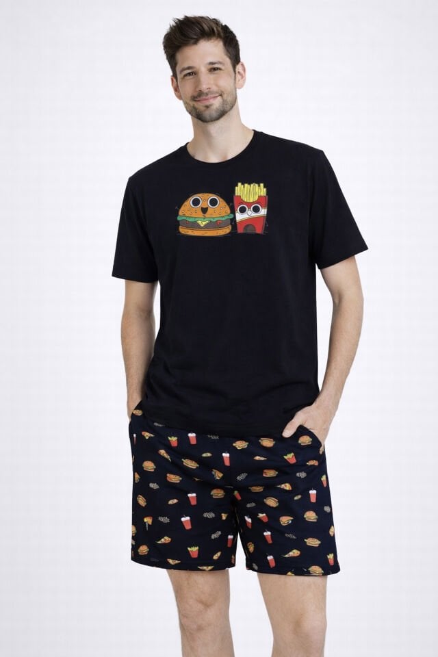 Erkek Pamuklu Baskılı Cepli Şortlu Pijama Takımı Siyah - Kırmızı - L