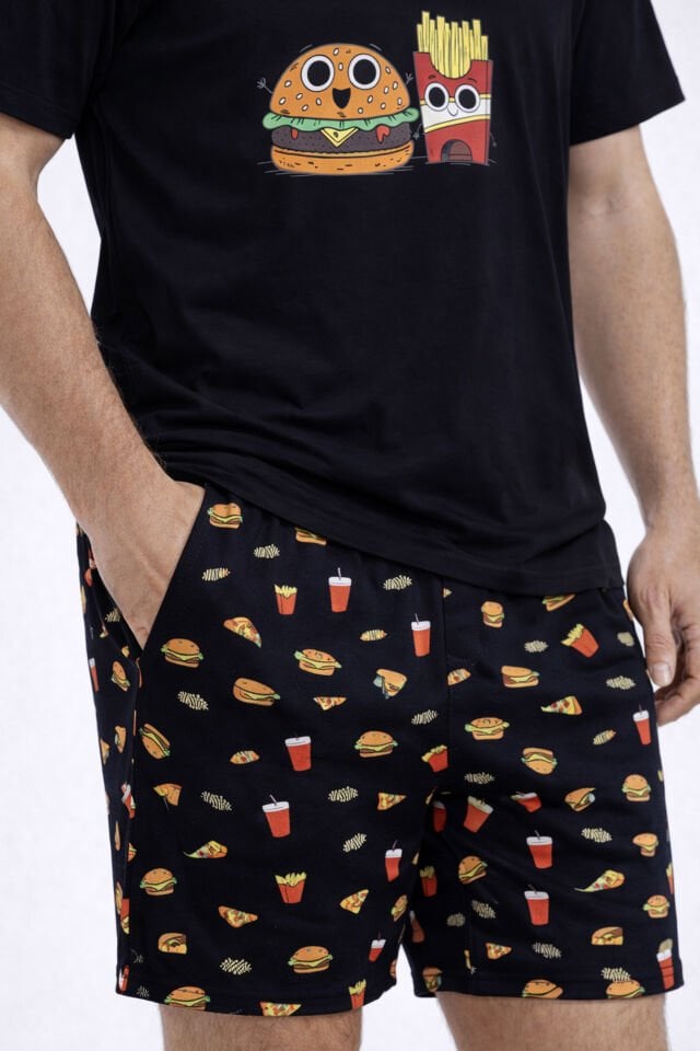 Erkek Pamuklu Baskılı Cepli Şortlu Pijama Takımı Siyah - Kırmızı - L