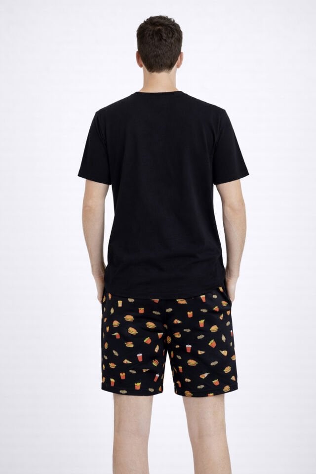 Erkek Pamuklu Baskılı Cepli Şortlu Pijama Takımı Siyah - Kırmızı - L