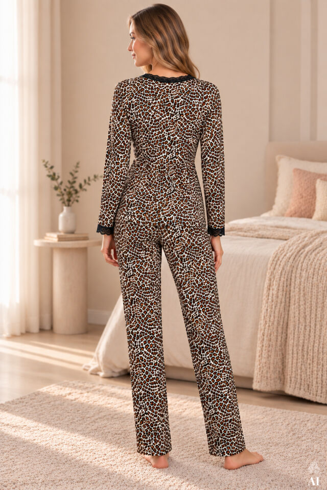 Kadın Pamuklu Dantel Detaylı Kruvaze Örme Pijama Takımı Siyah - Kahverengi - XL