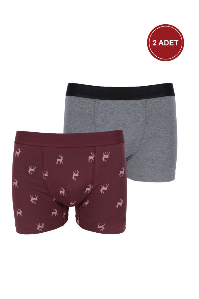 Erkek 2'li Pamuklu Likralı Boxer Gri - Bordo - 5XL