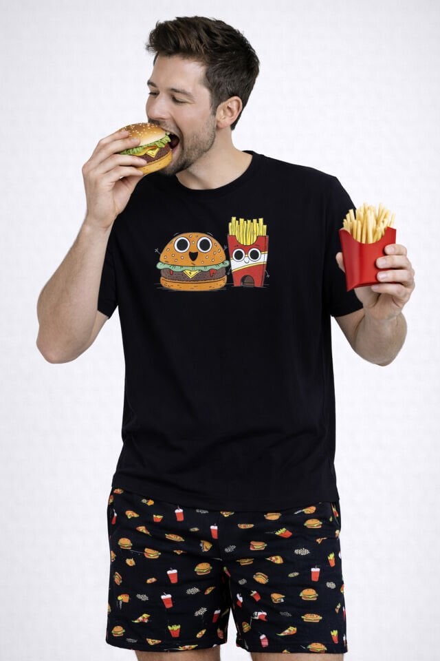 Erkek Pamuklu Baskılı Cepli Şortlu Pijama Takımı Siyah - Kırmızı - XL