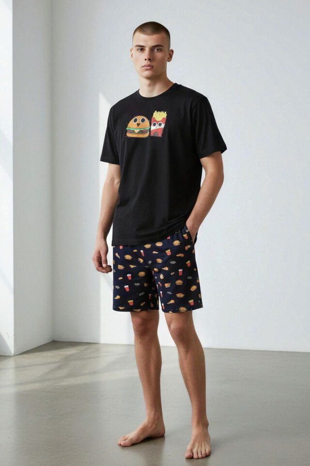 Erkek Pamuklu Baskılı Cepli Şortlu Pijama Takımı Siyah - Kırmızı - 2XL