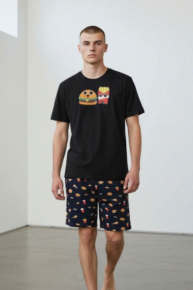 Erkek Pamuklu Baskılı Cepli Şortlu Pijama Takımı Siyah - Kırmızı - 2XL