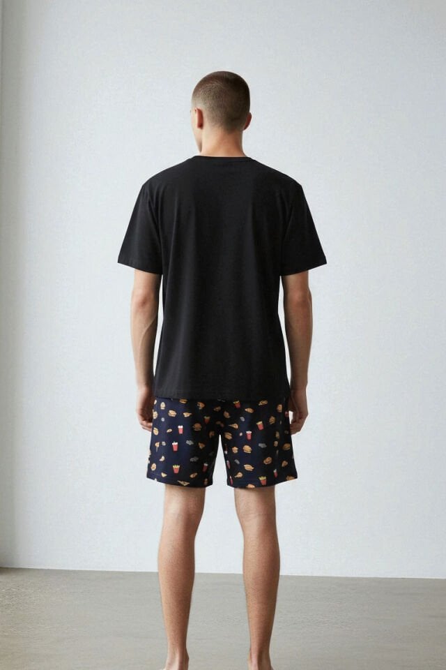 Erkek Pamuklu Baskılı Cepli Şortlu Pijama Takımı Siyah - Kırmızı - 2XL
