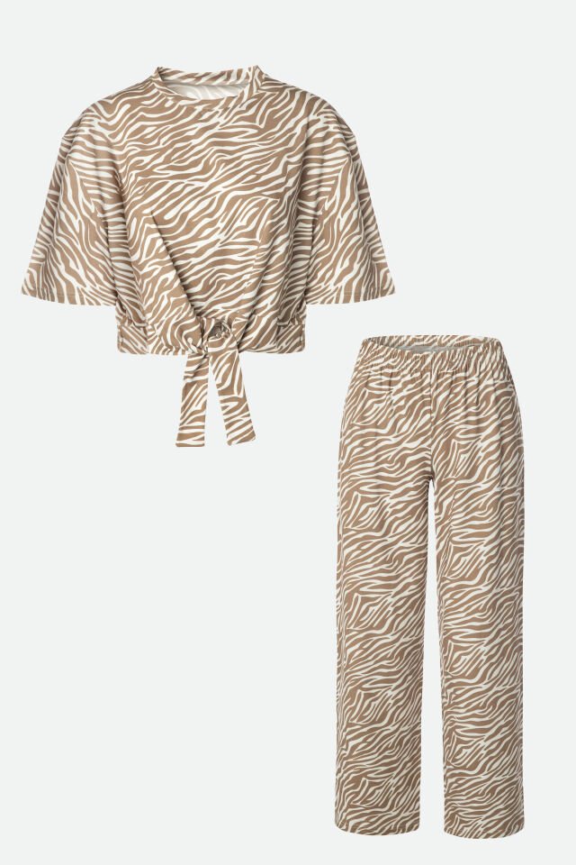 Kadın Pamuklu Önden Bağlamalı Desenli Crop T-shirt Pijama Takımı L