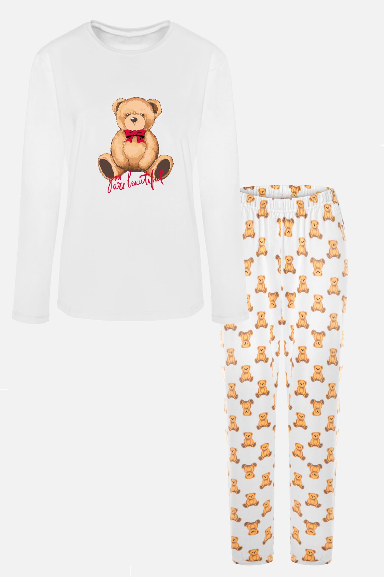 Sevgililer Günü Temalı Kadın Yumuşak Dokulu Pijama Takımı L - Beyaz - Kahverengi