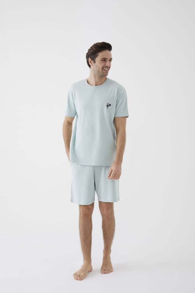 Erkek Pamuklu Horoz Nakışlı Cep Detaylı Şort Takımı S - Yeşil