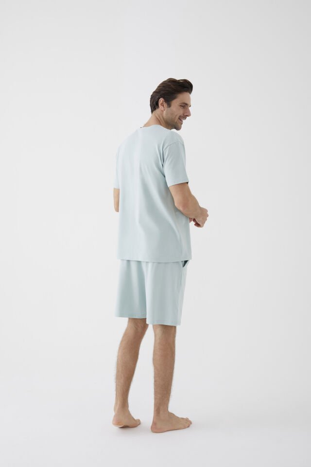 Erkek Pamuklu Horoz Nakışlı Cep Detaylı Şort Takımı S - Yeşil