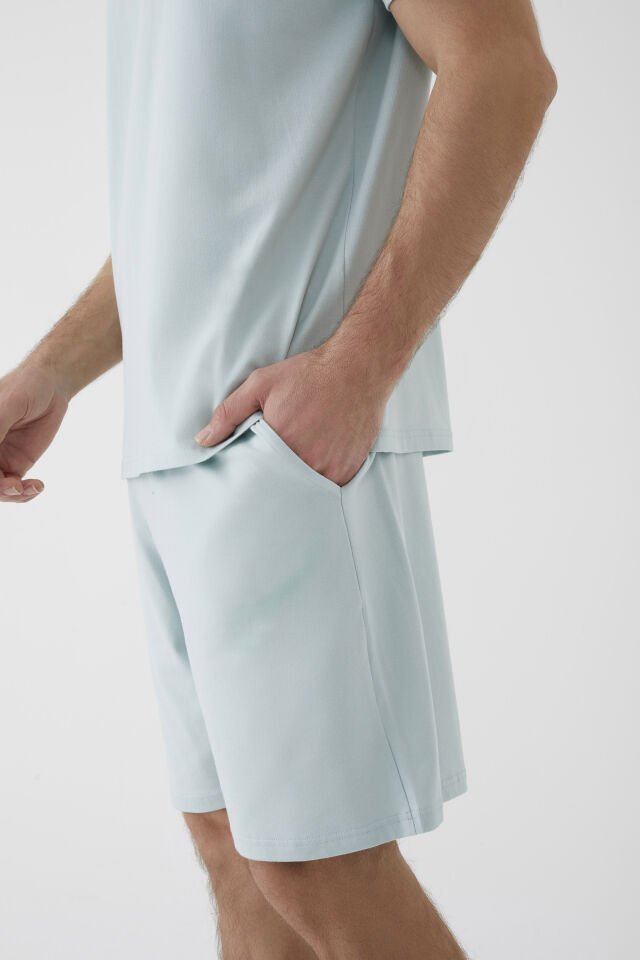 Erkek Pamuklu Horoz Nakışlı Cep Detaylı Şort Takımı S - Yeşil