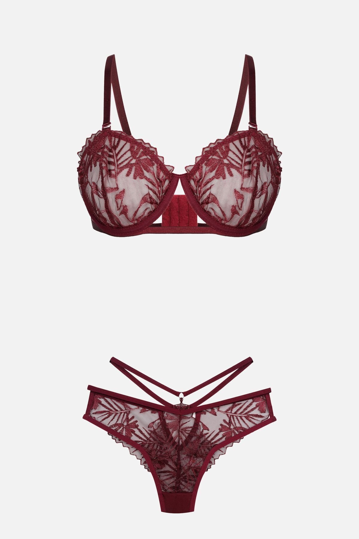 Kadın Brodeli Tüllü Dantelli Sütyen Takım Bordo - 85B