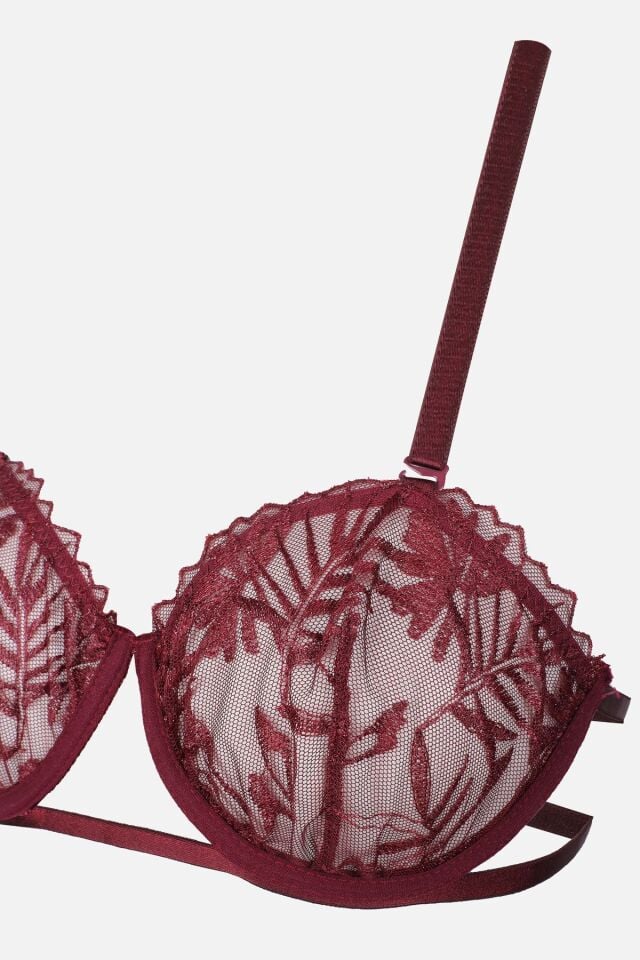 Kadın Brodeli Tüllü Dantelli Sütyen Takım Bordo - 85B