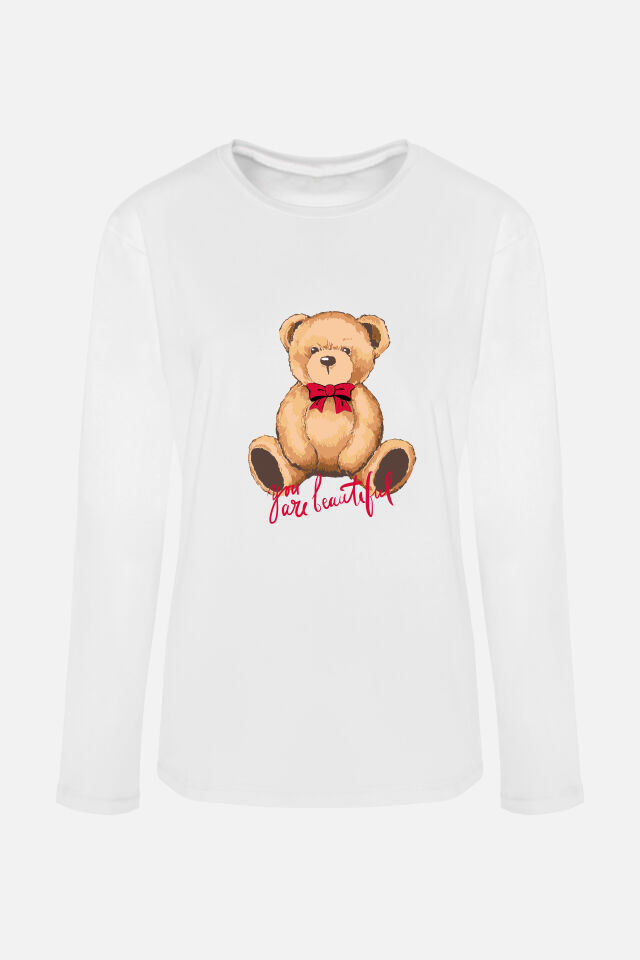 Sevgililer Günü Temalı Kadın Yumuşak Dokulu Pijama Takımı XL - Beyaz - Kahverengi
