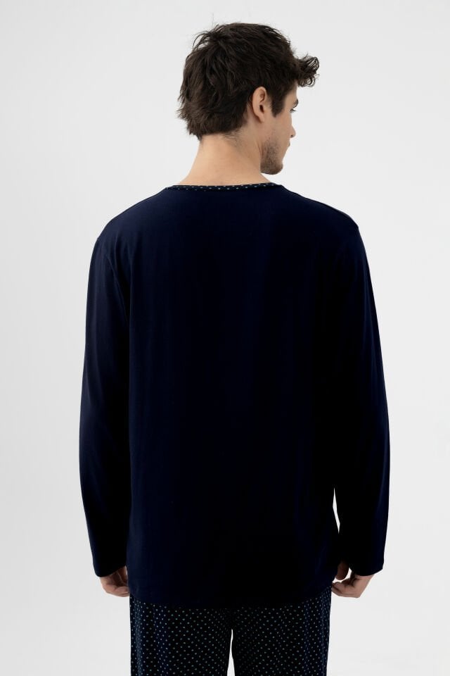 Erkek Pamuklu, Likralı, Yaka Düğmeli Uzun Kollu ve Cep Detaylı Puan Desenli Pijama Takımı