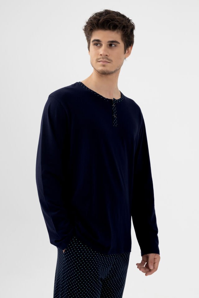 Erkek Pamuklu, Likralı, Yaka Düğmeli Uzun Kollu ve Cep Detaylı Puan Desenli Pijama Takımı M - Lacivert