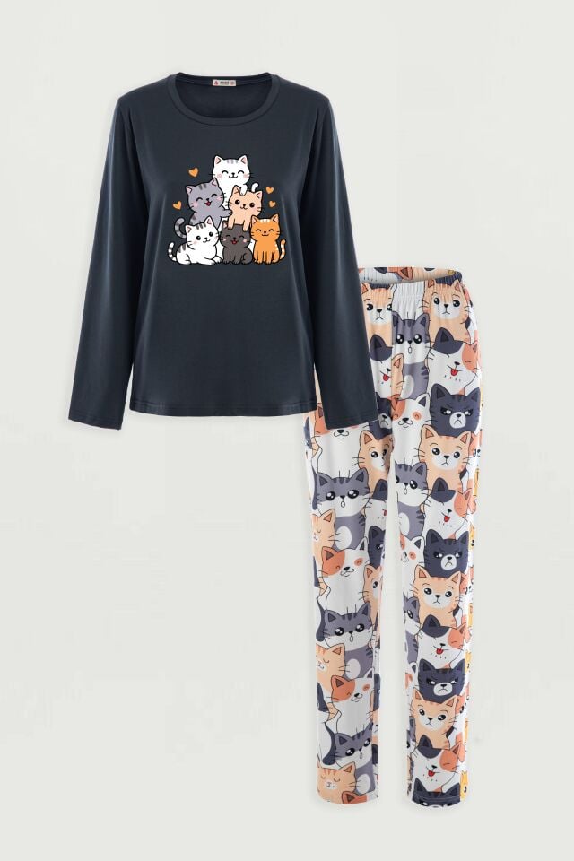 Kadın Gri Pamuklu Kedili Örme Pijama Takımı
