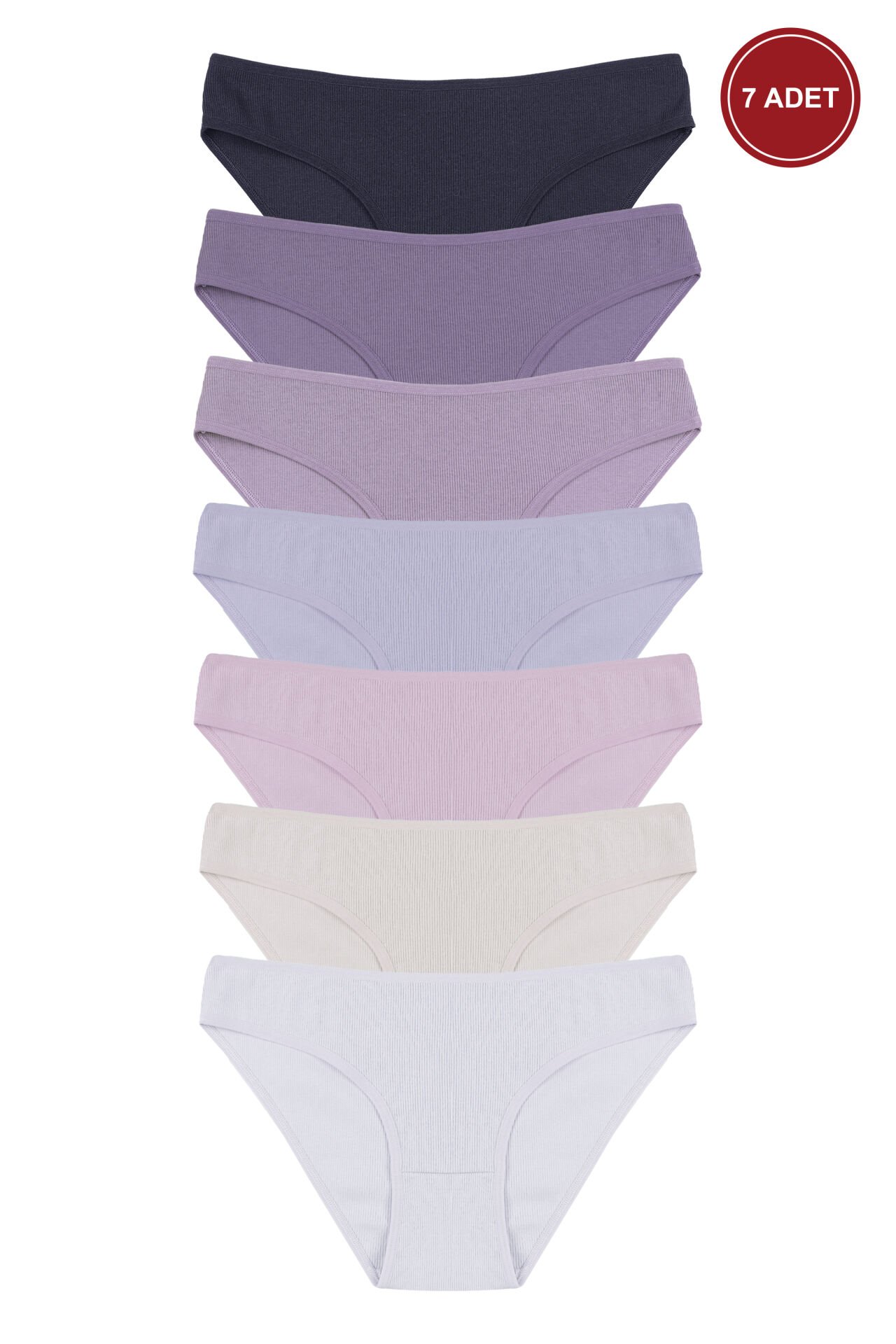 Kadın Külot 7 li Pamuklu Etiket Detaylı Fitilli Ribana Ekru - Lila - S - M