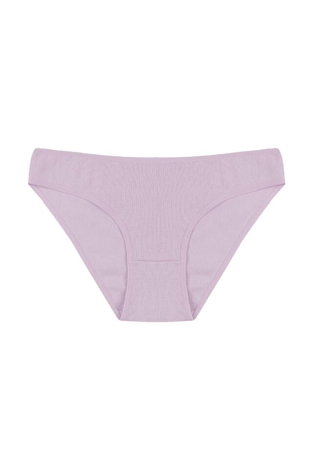 Kadın Külot 7 li Pamuklu Etiket Detaylı Fitilli Ribana Ekru - Lila - S - M
