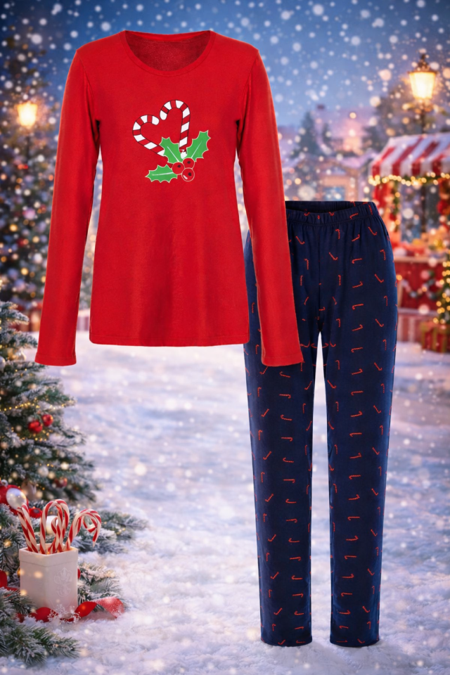 Sevgililer Günü Temalı Kadın Yumuşak Dokulu Pijama Takımı Kırmızı - Lacivert - XL