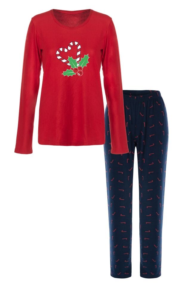 Sevgililer Günü Temalı Kadın Yumuşak Dokulu Pijama Takımı Kırmızı - Lacivert - XL