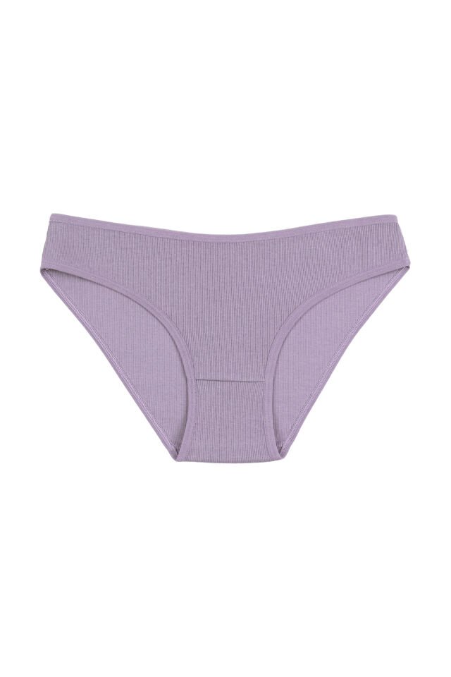 Kadın Külot 7 li Pamuklu Etiket Detaylı Fitilli Ribana Ekru - Lila - L - XL