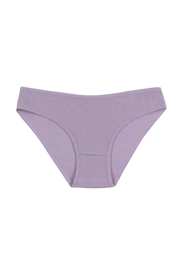 Kadın Külot 7 li Pamuklu Etiket Detaylı Fitilli Ribana Ekru - Lila - L - XL