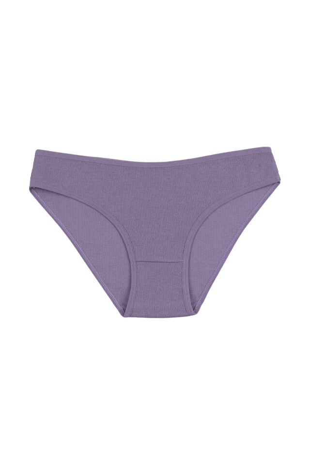 Kadın Külot 7 li Pamuklu Etiket Detaylı Fitilli Ribana Ekru - Lila - L - XL