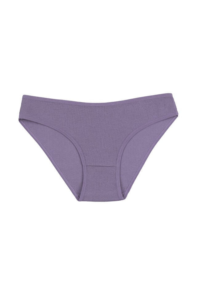 Kadın Külot 7 li Pamuklu Etiket Detaylı Fitilli Ribana Ekru - Lila - L - XL