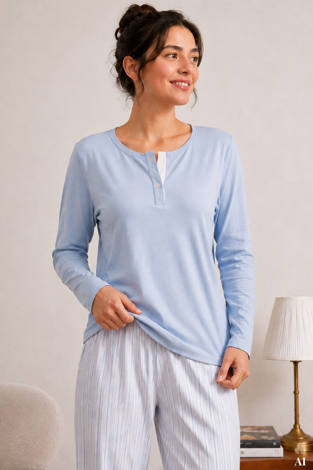 Kadın Pamuklu Mavi Uzun Kollu Düğmeli Yaka Çizgili Alt Pijama Takımı Mavi - Beyaz - XL