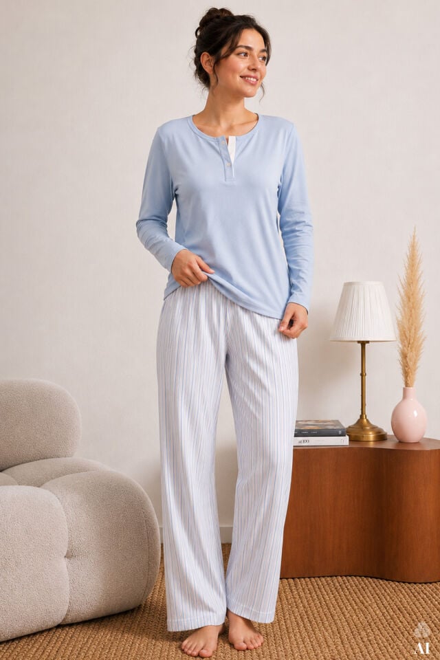 Kadın Pamuklu Mavi Uzun Kollu Düğmeli Yaka Çizgili Alt Pijama Takımı Mavi - Beyaz - XL