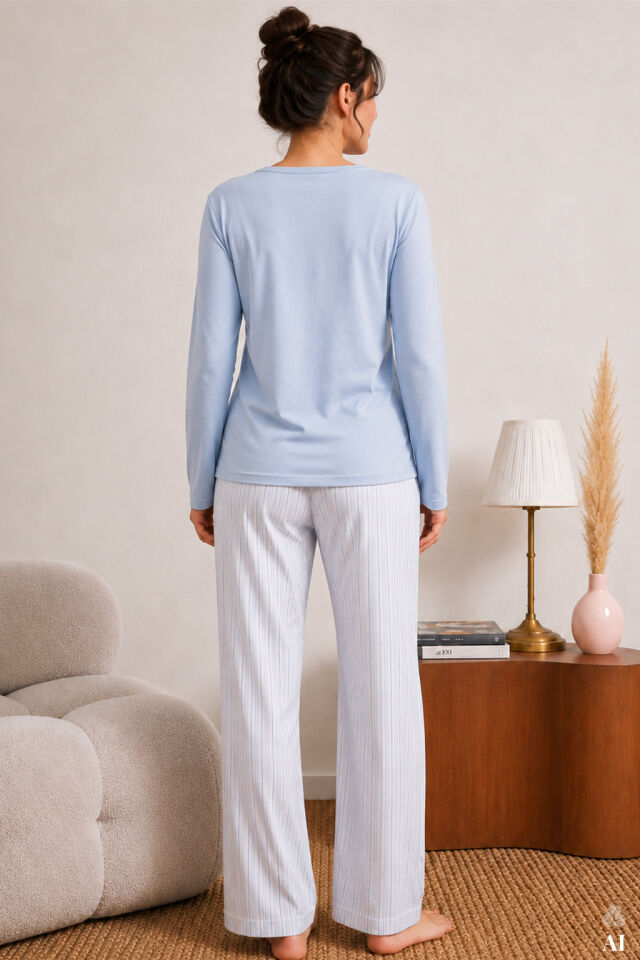 Kadın Pamuklu Mavi Uzun Kollu Düğmeli Yaka Çizgili Alt Pijama Takımı Mavi - Beyaz - XL