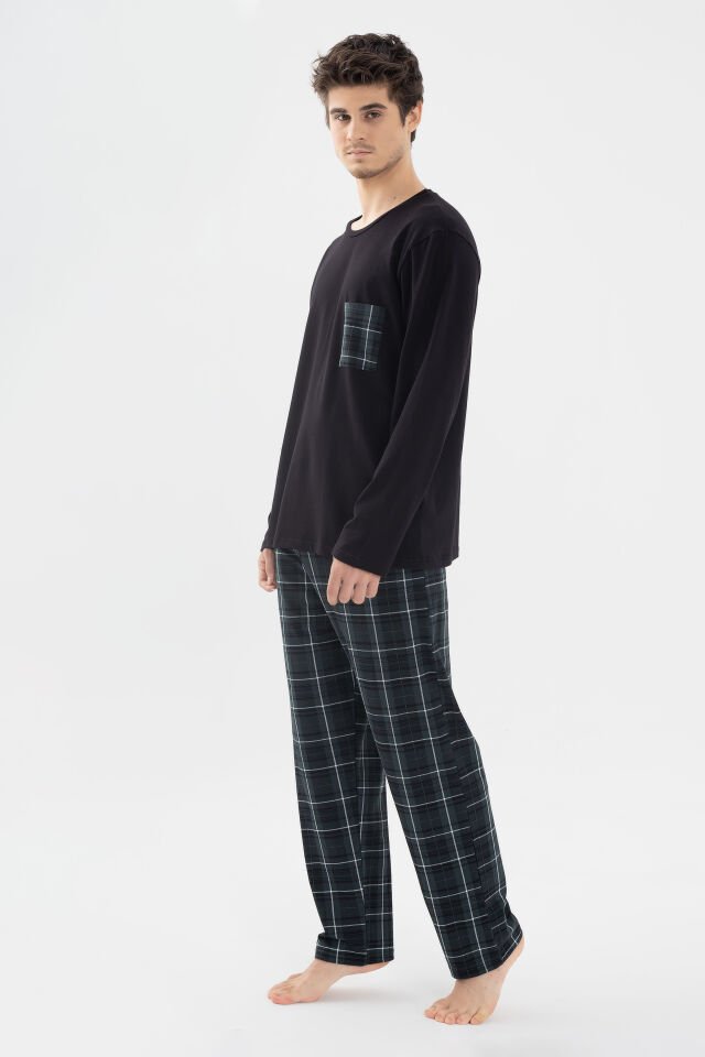 Erkek Pamuklu Uzun Kollu Göğüs Cep Detaylı Ekose Desenli Cep Detaylı Pijama Takımı Siyah - Yeşil - 2XL