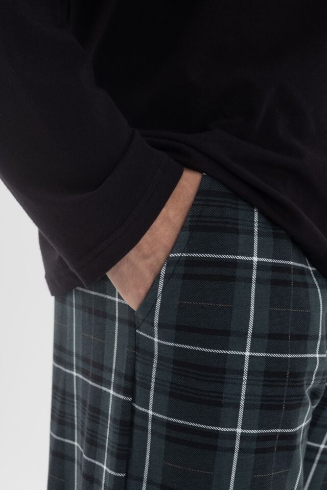 Erkek Pamuklu Uzun Kollu Göğüs Cep Detaylı Ekose Desenli Cep Detaylı Pijama Takımı Siyah - Yeşil - 2XL