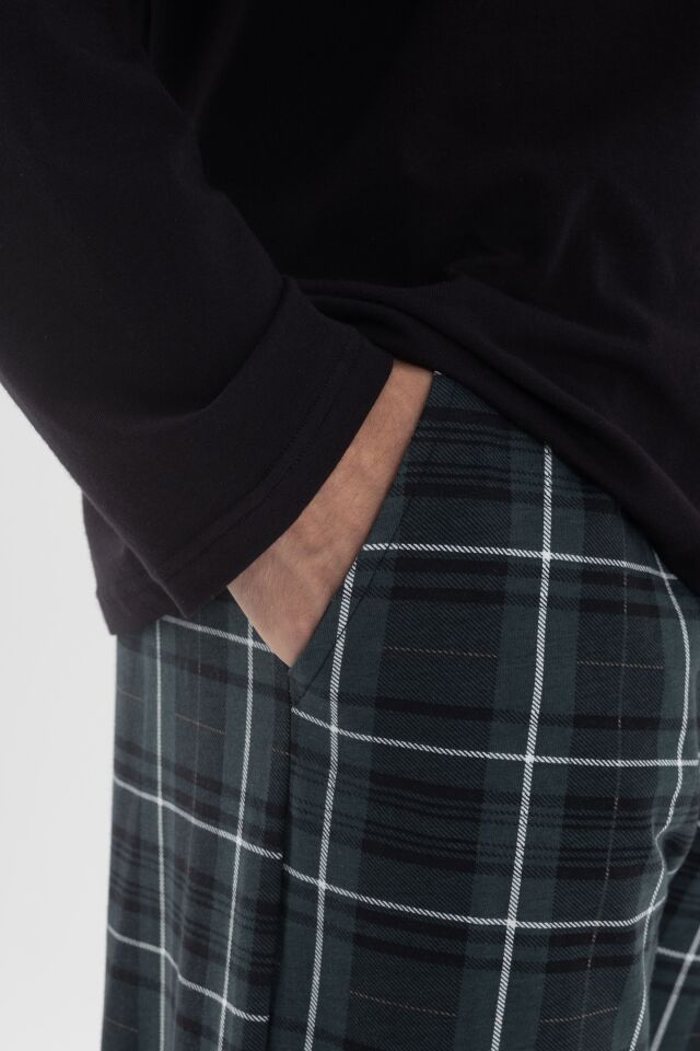Erkek Pamuklu Uzun Kollu Göğüs Cep Detaylı Ekose Desenli Cep Detaylı Pijama Takımı Siyah - Yeşil - 2XL