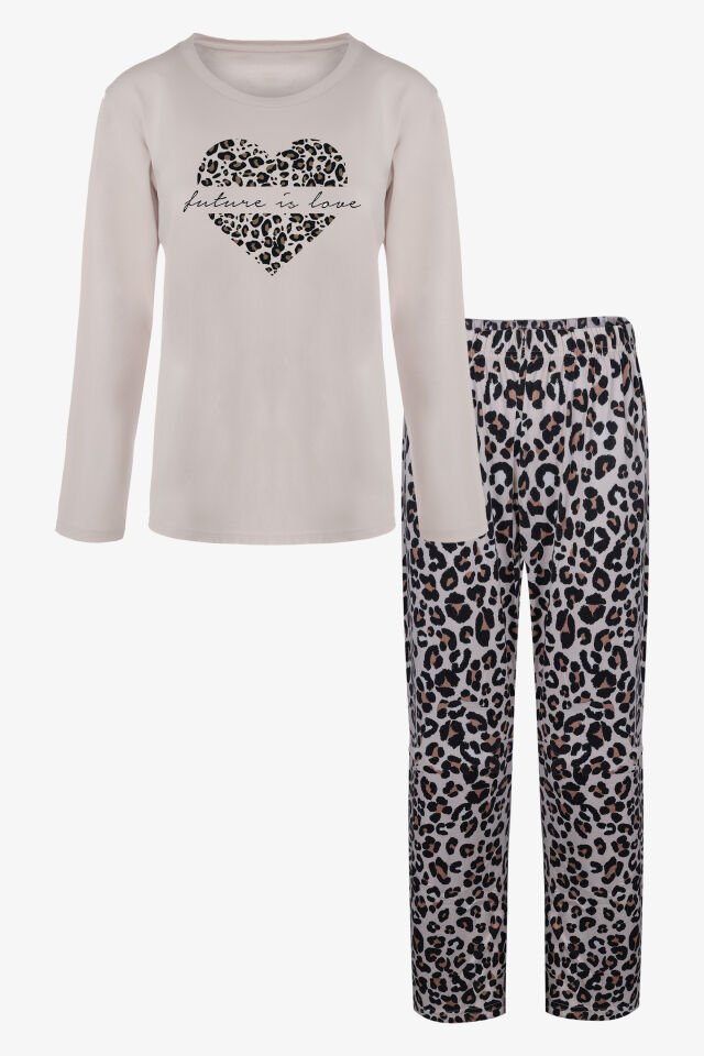 Kadın Sofi Touch Pamuklu Leopar Desenli Basic Pijama Takımı XL - Gri - Kahverengi