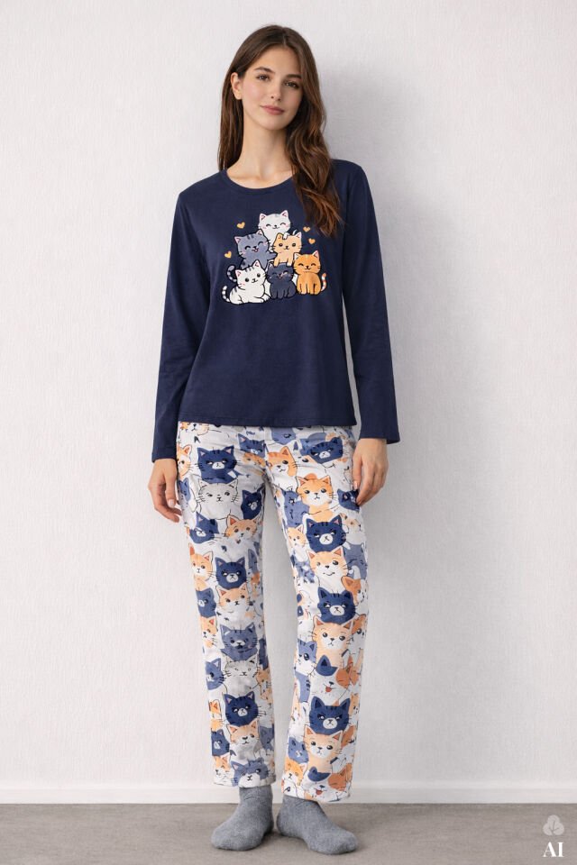 Kadın Gri Pamuklu Kedili Örme Pijama Takımı Gri  - Füme - L