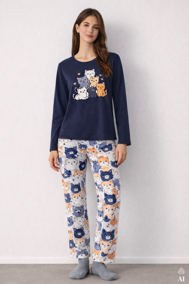 Kadın Gri Pamuklu Kedili Örme Pijama Takımı Gri  - Füme - L