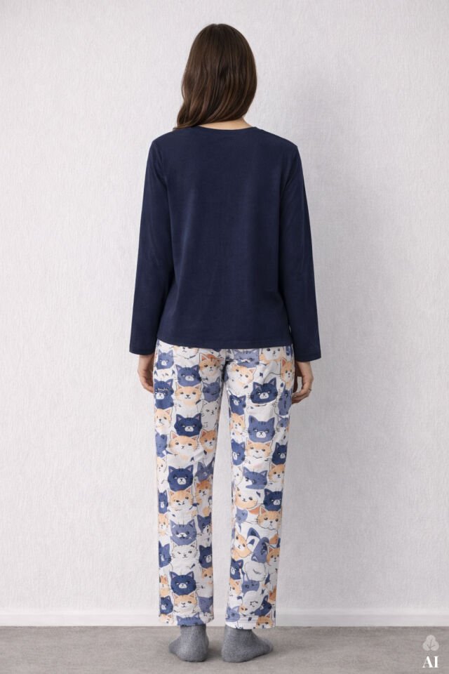 Kadın Gri Pamuklu Kedili Örme Pijama Takımı Gri  - Füme - L