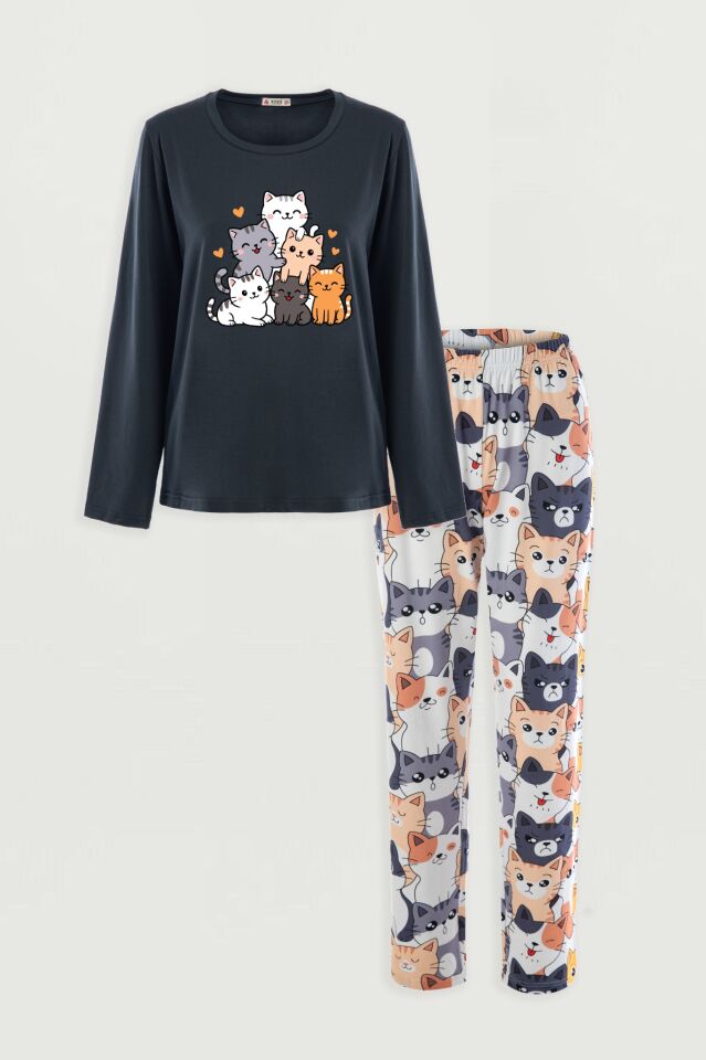 Kadın Gri Pamuklu Kedili Örme Pijama Takımı Gri  - Füme - L